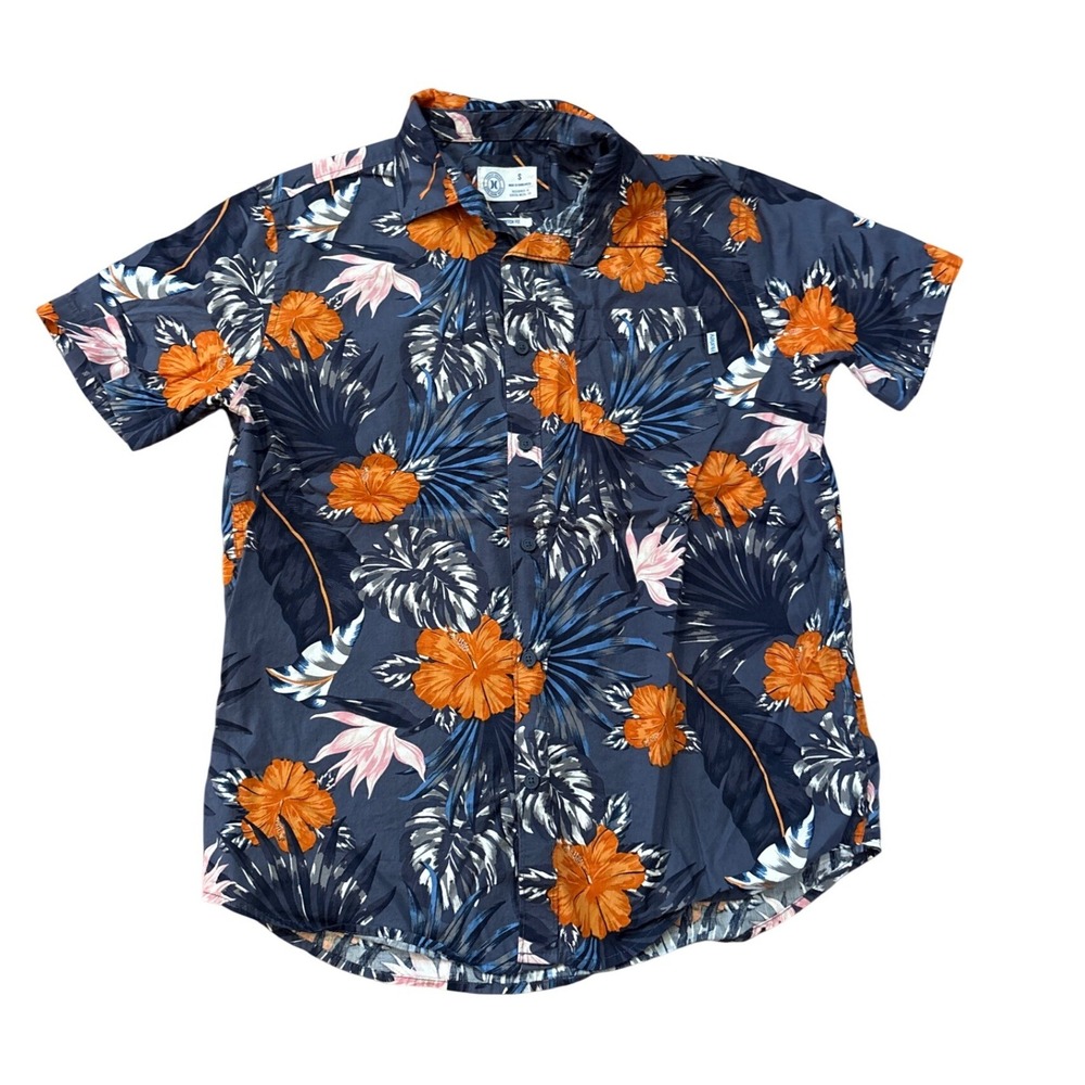 Hurley Button Down Shirt Mens Blue Orange Tropical Floral Stretch Fit SIZE S